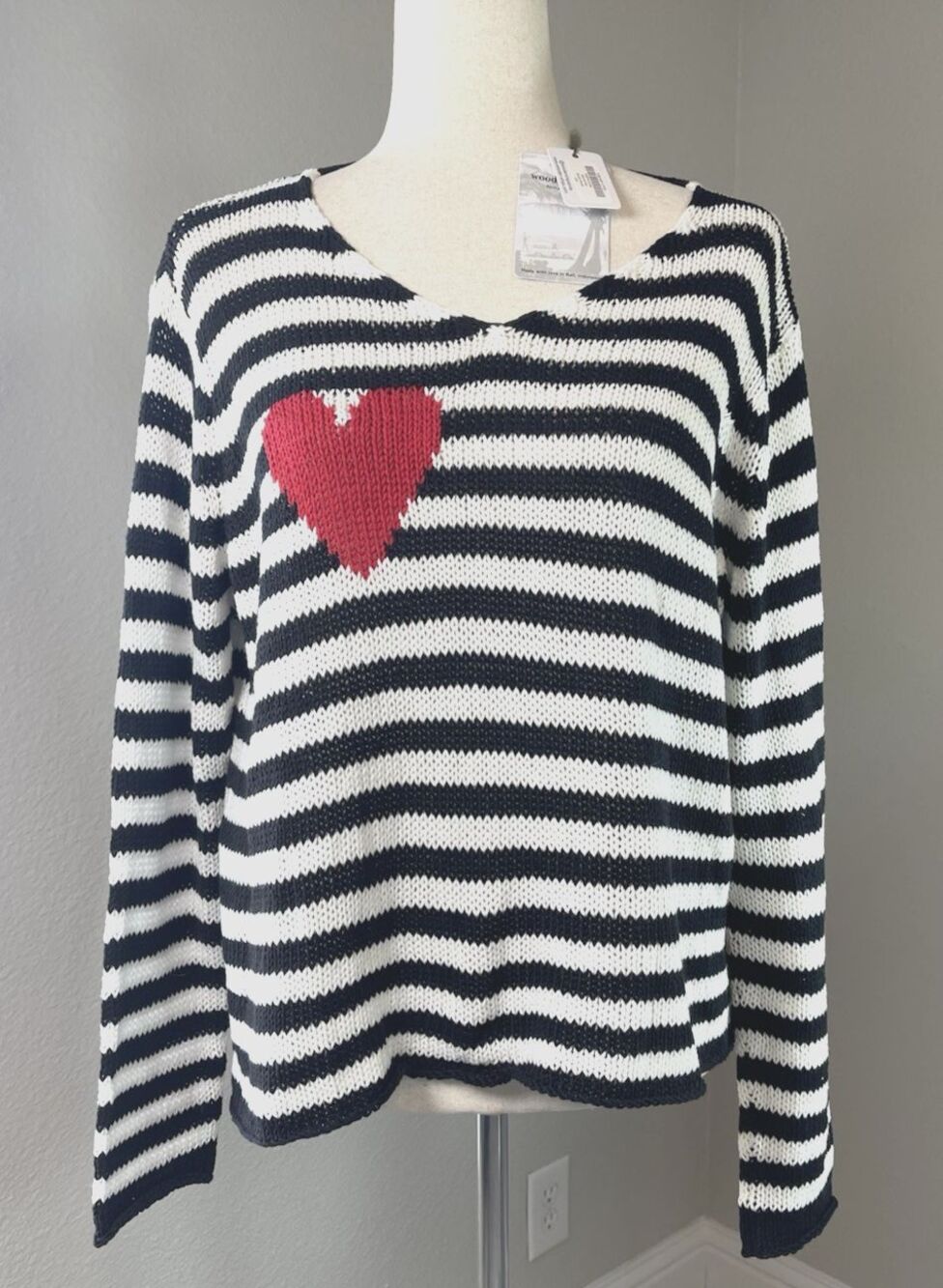 Wooden Ships NWT womens heart nautical coastal striped open knit sweater S/M